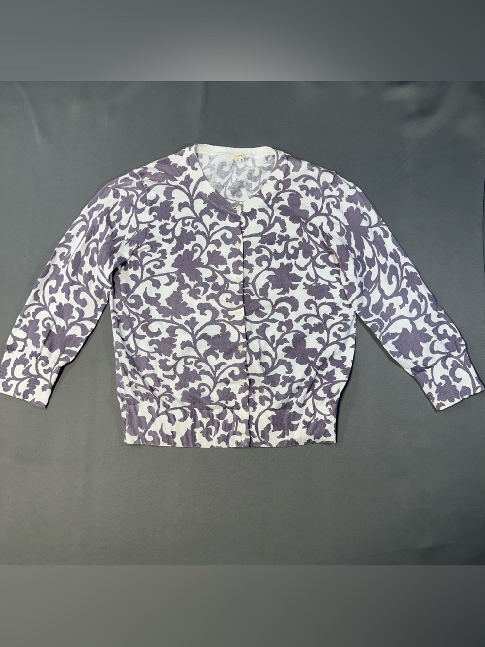 J.Crew Purple and White Damask Women's Crewneck Cardigan Sweater